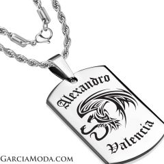 3mm Rope Chain Mex Tribal DesignDog Tag Pendant 24" 316L Stainless Steel