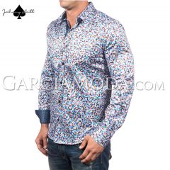 Johnny Matt Luxury shirts JM-1057 Turquoise with a multi color pixel pattern and contrast inner details