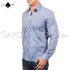 Johnny Matt Luxury Menswear JM-1010 Shirt Blue with dot shadow style pattern and contrasting inner details