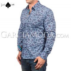 Johnny Matt Luxury Menswear JM-1012 Shirt Blue with a stylish paisley  pattern and colorful inner details